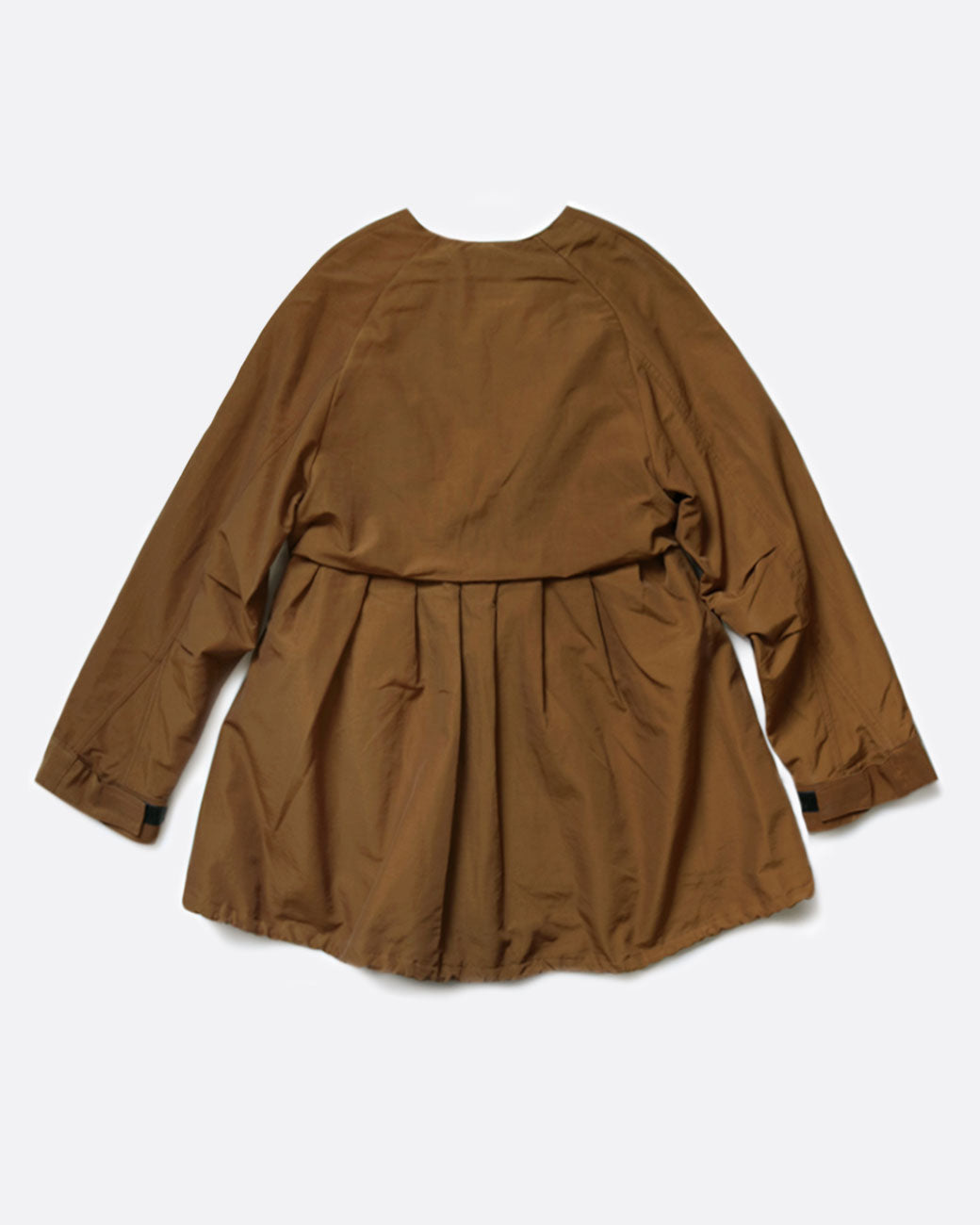 A brown parka with a pleated center. Shown from the back.
