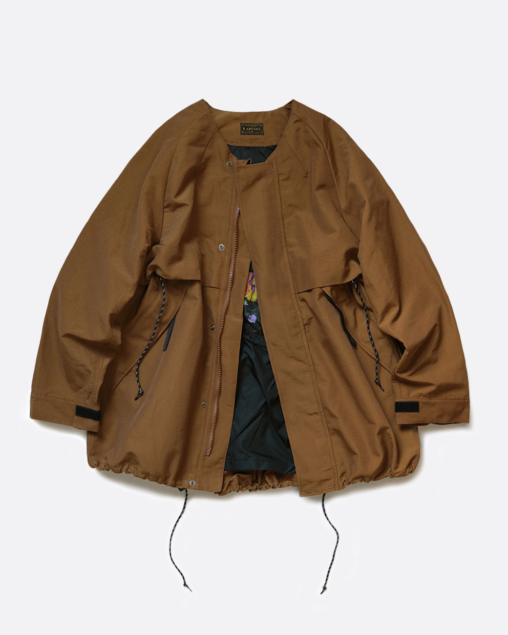 A brown parka with a zipper front and black lining. Shown open from the front.