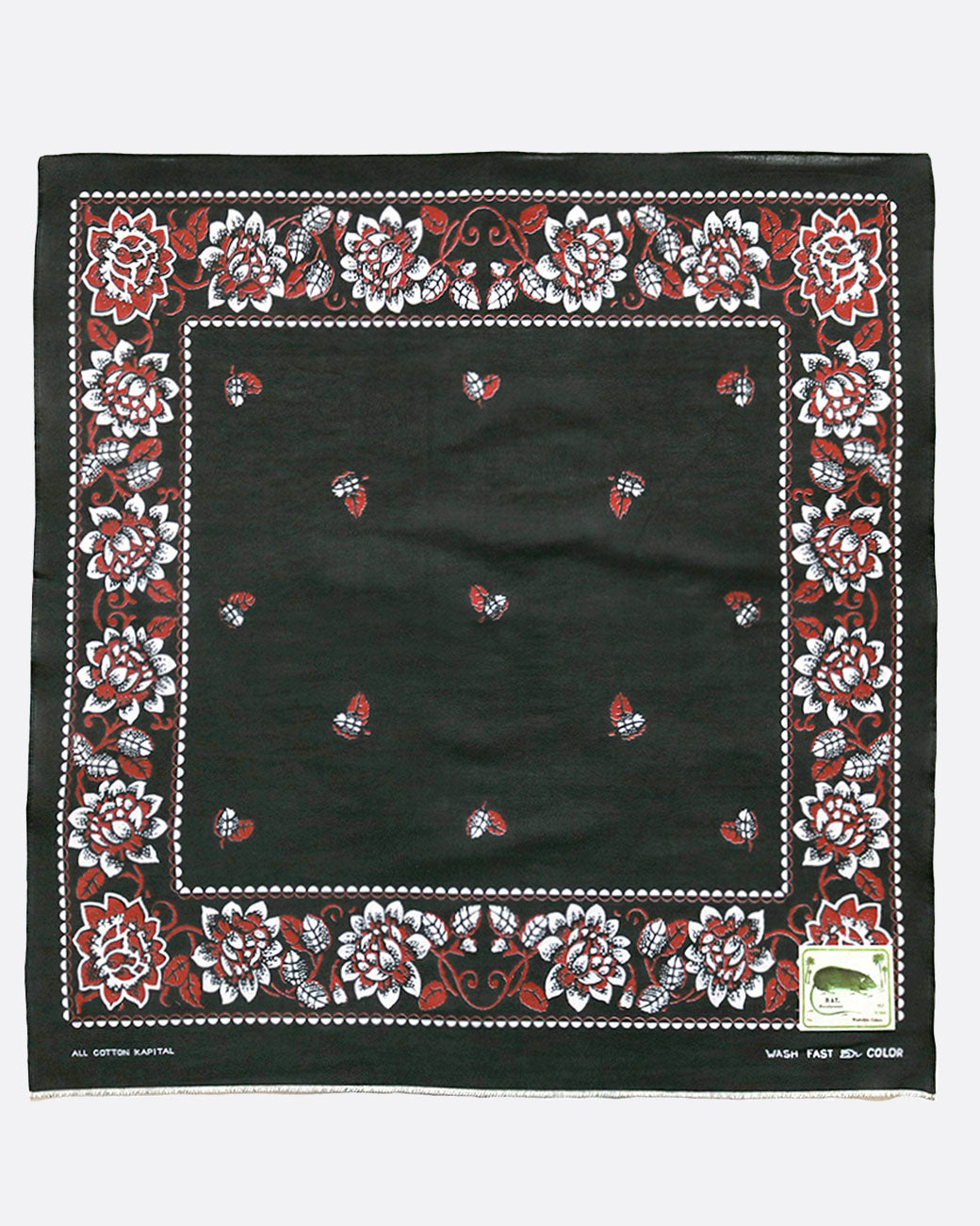 Kapital rockwell flower bandana in black, shown laying flat.