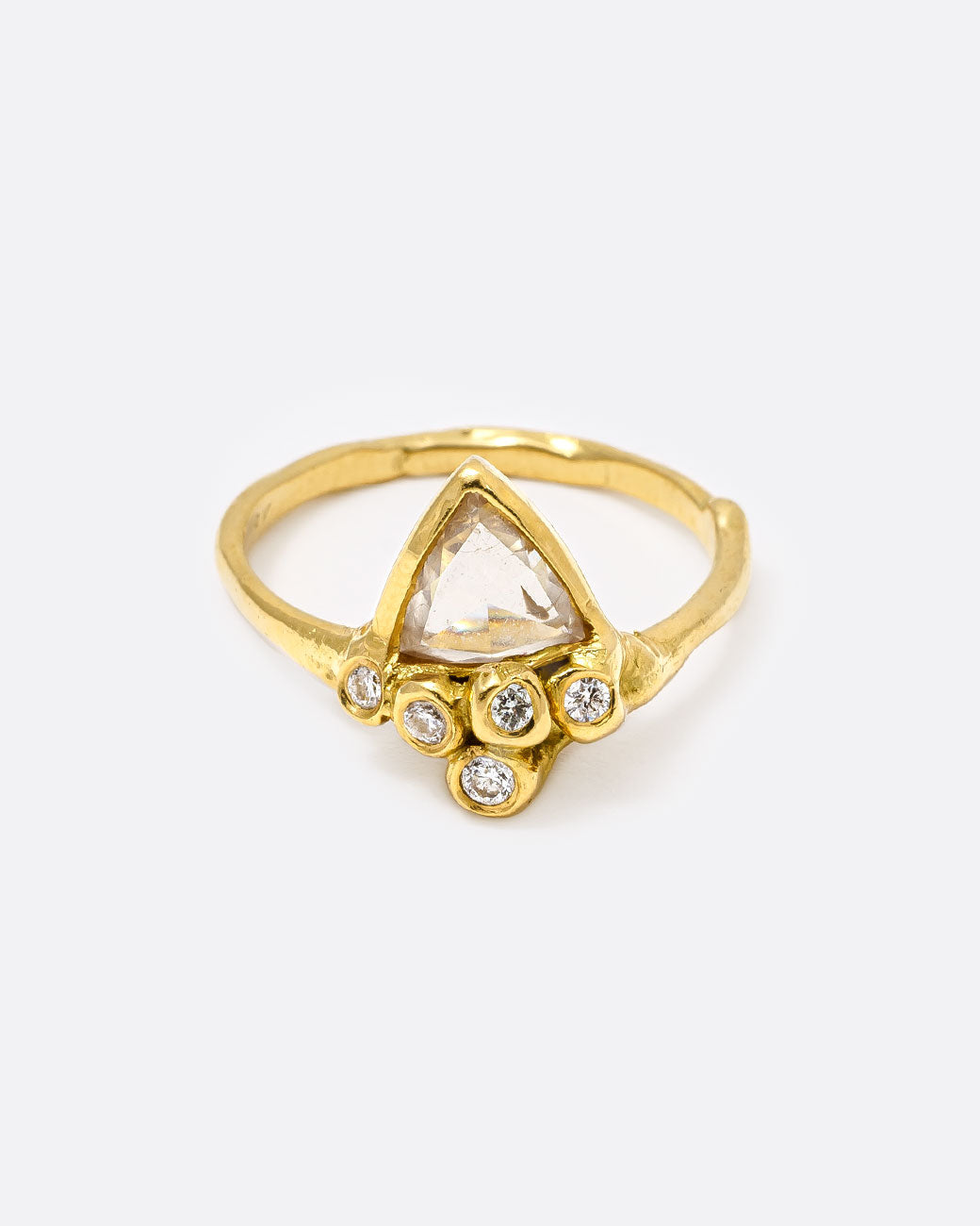 18k yellow gold anemone ring with triangular rose cut diamond and five round diamonds by Kimberlin Brown, shown from the front.