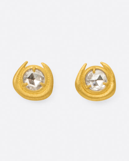 Yellow gold rose-cut diamond stud earrings, the pair from the front