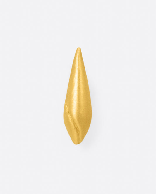 A cone shaped 22k yellow gold stud earring with a line following the curve of the earring, shown from the front.