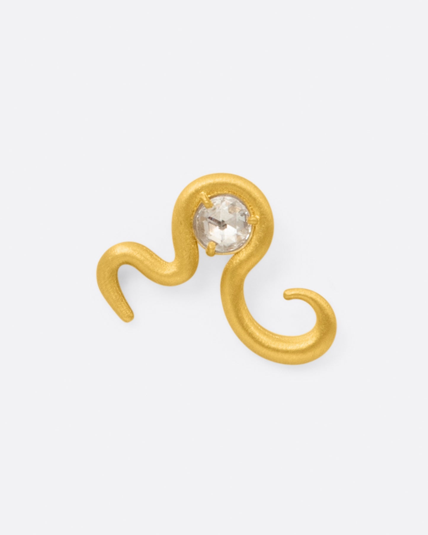 A high karat yellow gold curved snake stud earring with a rose cut diamond at its center, shown from the front.