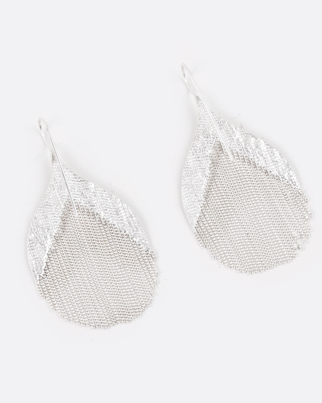 whale tail shaped earrings with a number of dangling chains in the middle