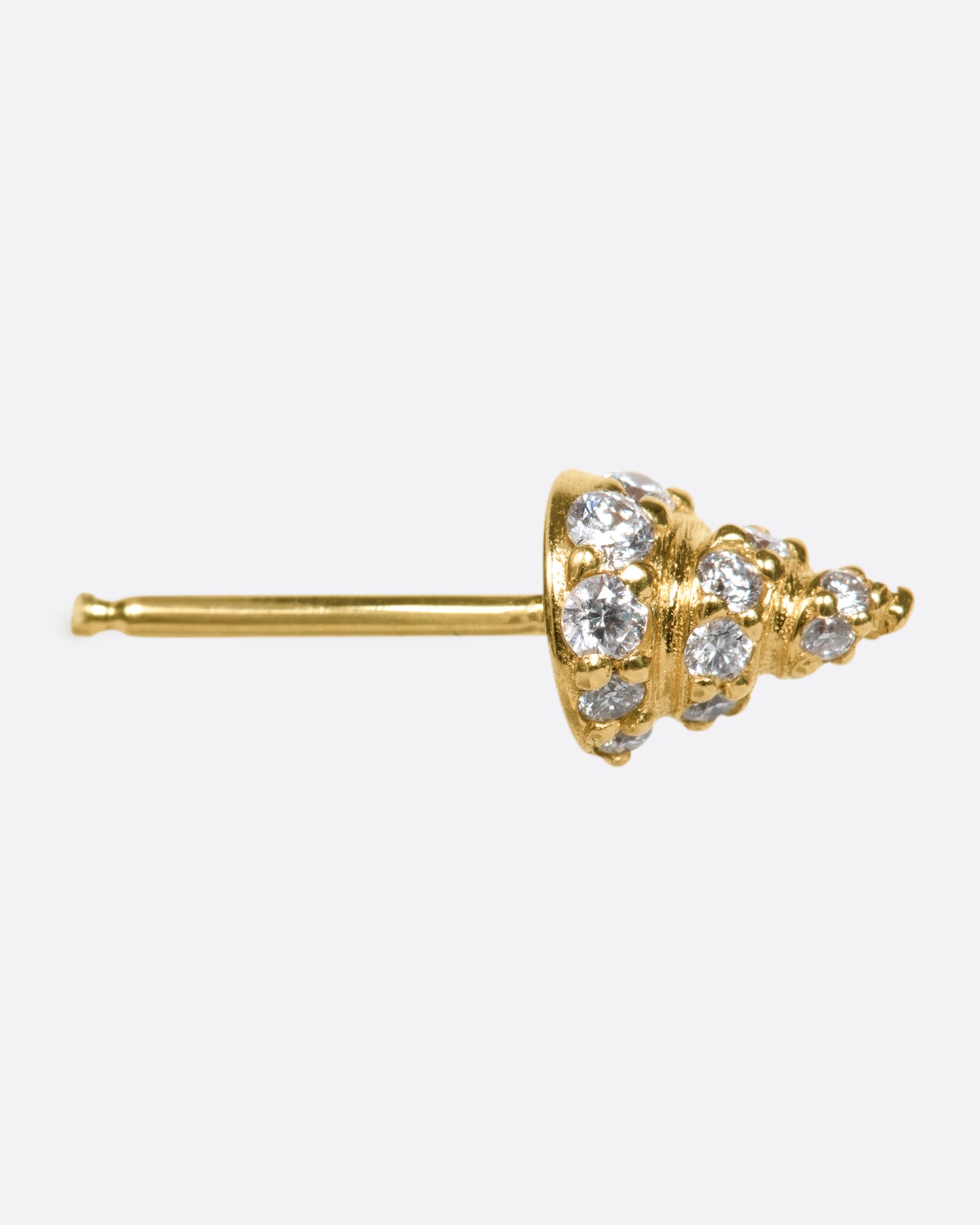 A pointed stud, in your choice of gold, with diamonds wrapped around it.