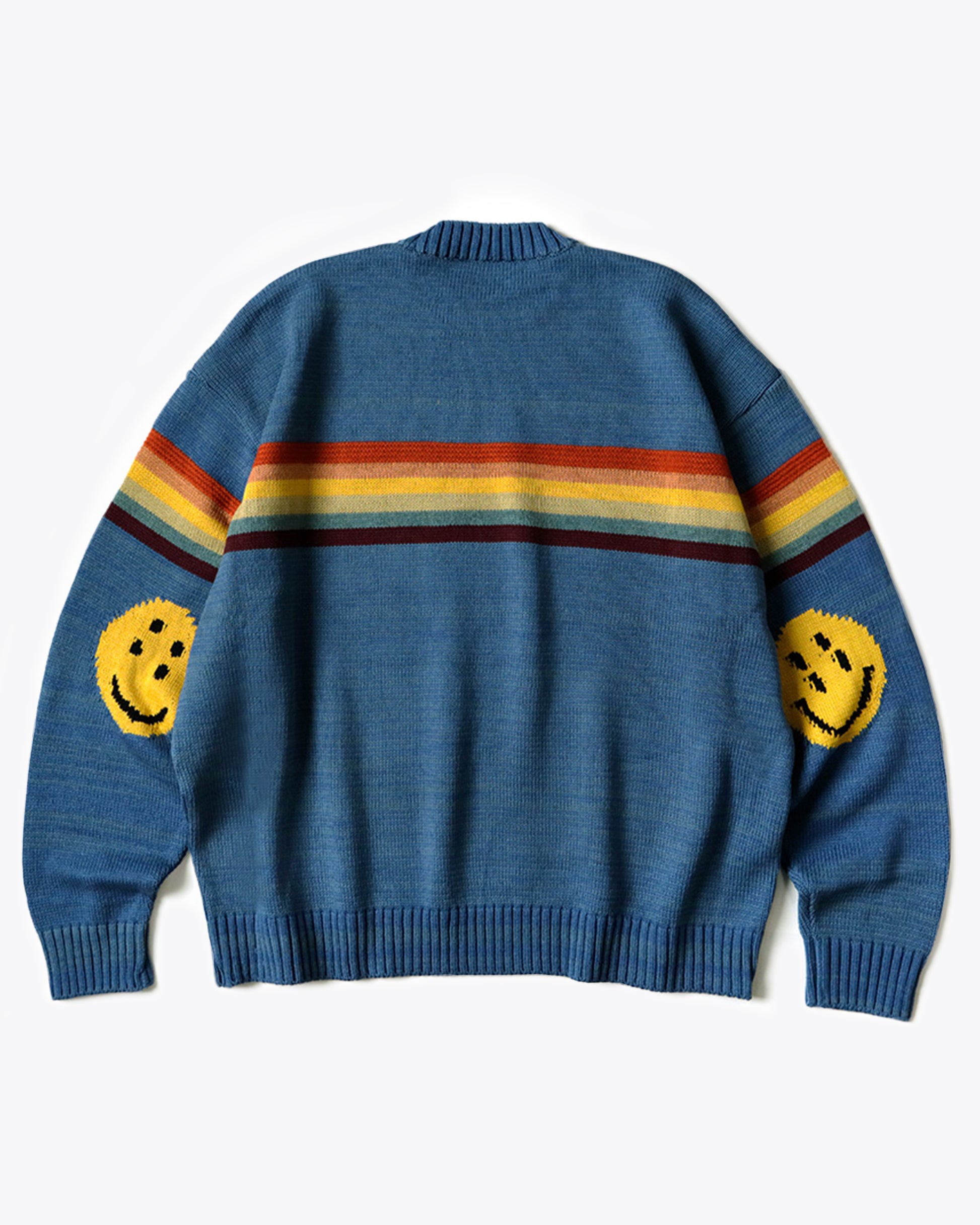 A 5g knit crewneck sweater with a rainbow stripe and smiley elbow patches