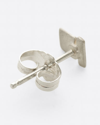 Silver square and bar stud earring, side view showing the post and back