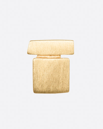 A matte finished yellow gold stud earring with two rectangles stacked. Shown from the front.