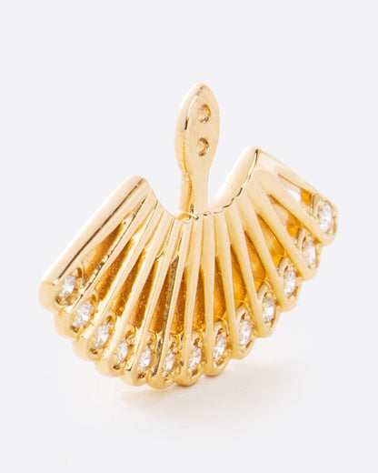 A yellow gold ear jacket shaped like a fan, with two holes at the top center for adjusting where the stud earring attaches. The bottom edge is lined with white diamonds. Shown from the side.