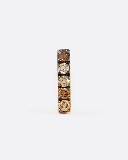 A rose gold bar stud earring with five diamonds in mixed shades of brown. Shown from the front.