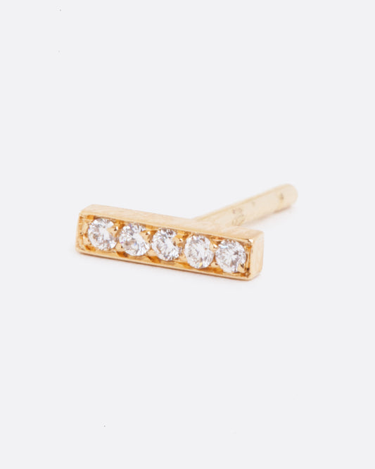 14k yellow gold bar stud earring with five white diamonds by Selin Kent, shown from the front.